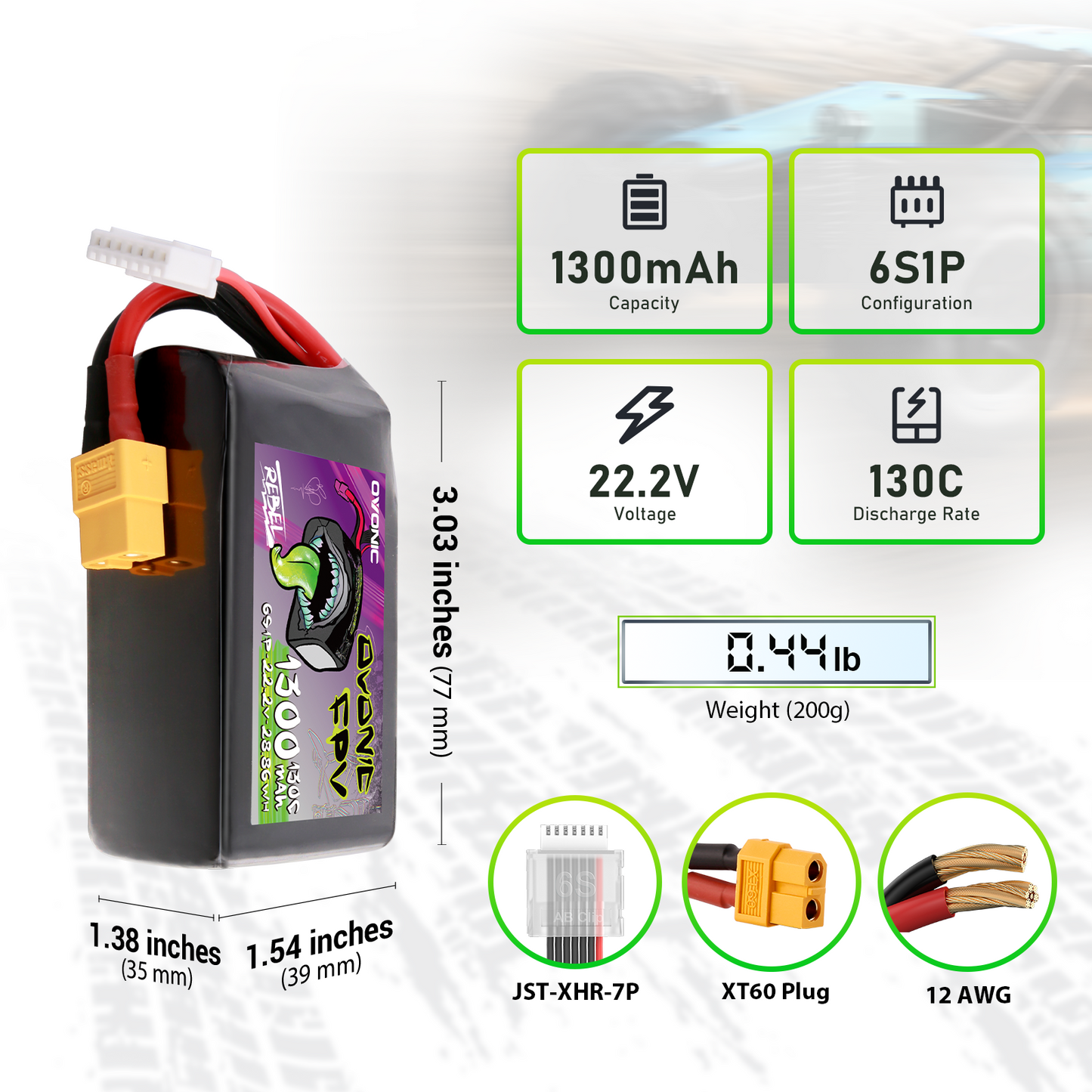 Ovonic Rebel 2.0 6S 1300mAh 22.2V 130C LiPo battery dimensions, weight, and XT60/JST-XHR-7P plugs