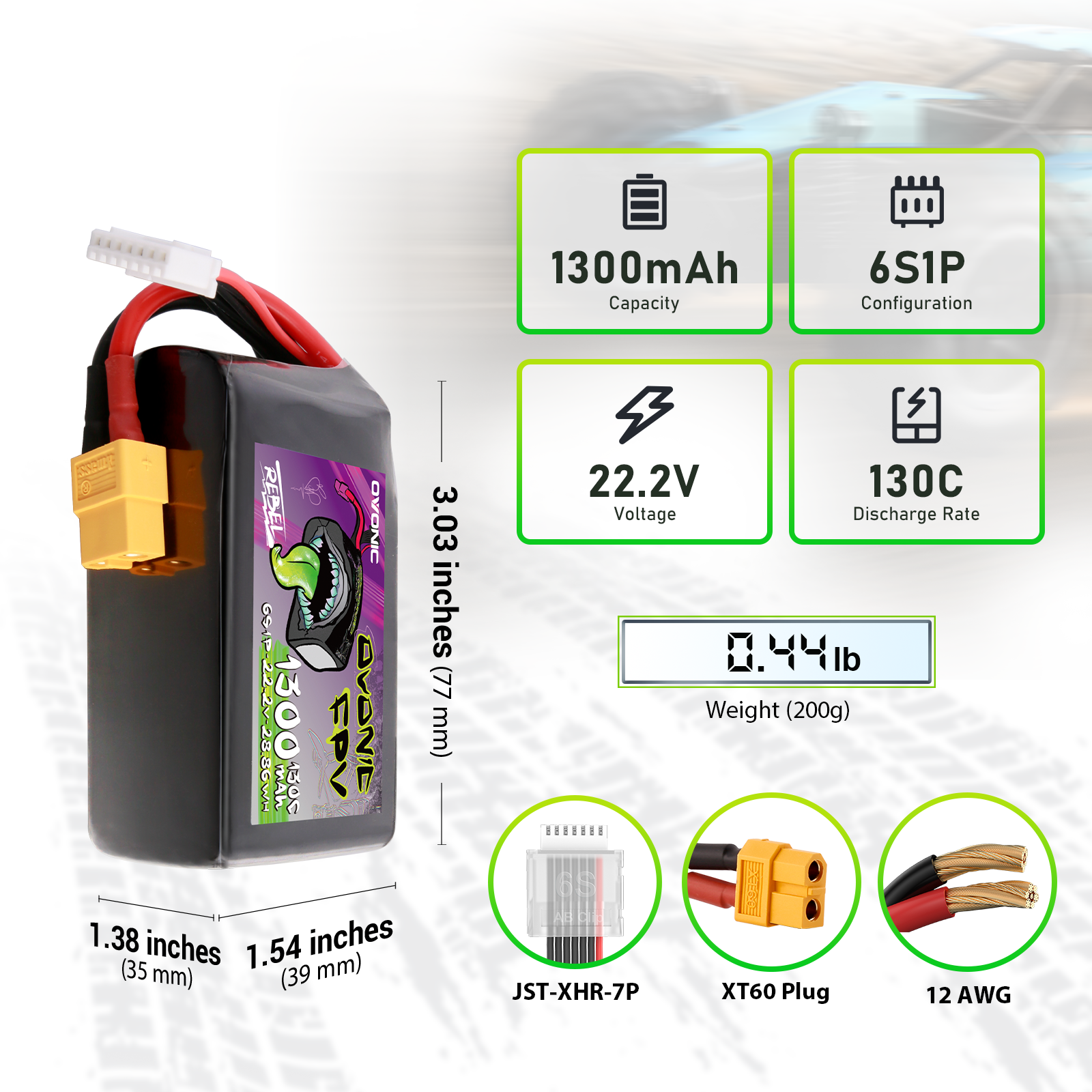 Ovonic Rebel 2.0 6S 1300mAh 22.2V 130C LiPo battery dimensions, weight, and XT60/JST-XHR-7P plugs