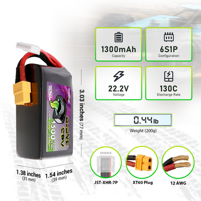 Ovonic Rebel 2.0 6S 1300mAh 22.2V 130C LiPo battery dimensions, weight, and XT60/JST-XHR-7P plugs