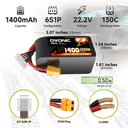 2x Ovonic 6S Lipo Battery 1400mah 6S1P 130C 22.2V with XT60 Plug for FPV Racing Drones Freestyle Drone Cinewhoop Toothpick Long Range Drone