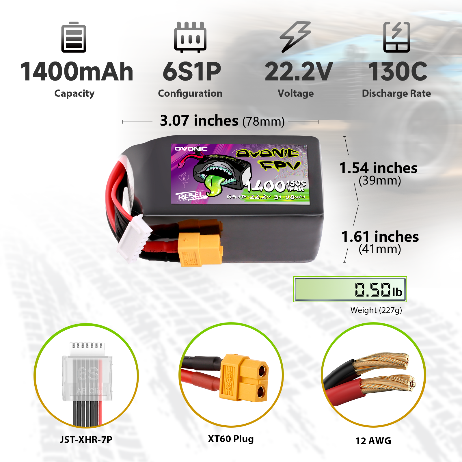 Ovonic Rebel 2.0 6S 1400mAh 22.2V LiPo spec graphic with dimensions, weight, XT60 plug, 12AWG lead