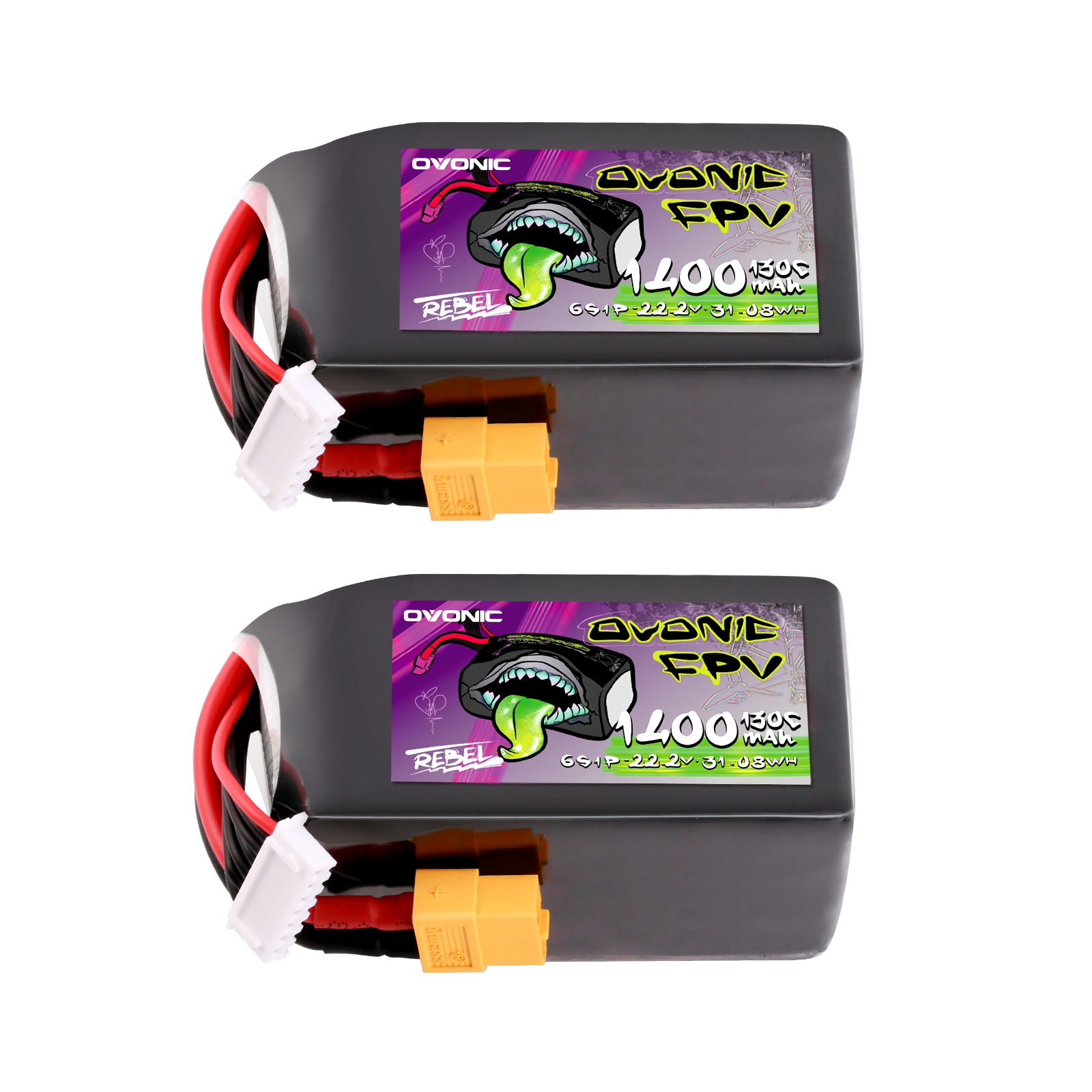2-pack Ovonic Rebel 2.0 6S 1400mAh 130C 22.2V LiPo batteries with XT60 and balance lead