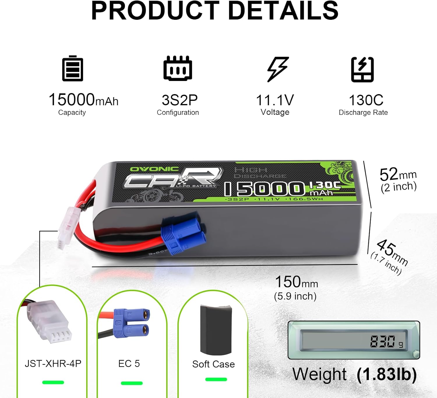 2 x Ovonic 15000mAh 3S2P 11.1V 130C LiPo Battery specs infographic with size, weight, EC5 and JST-XHR-4P leads