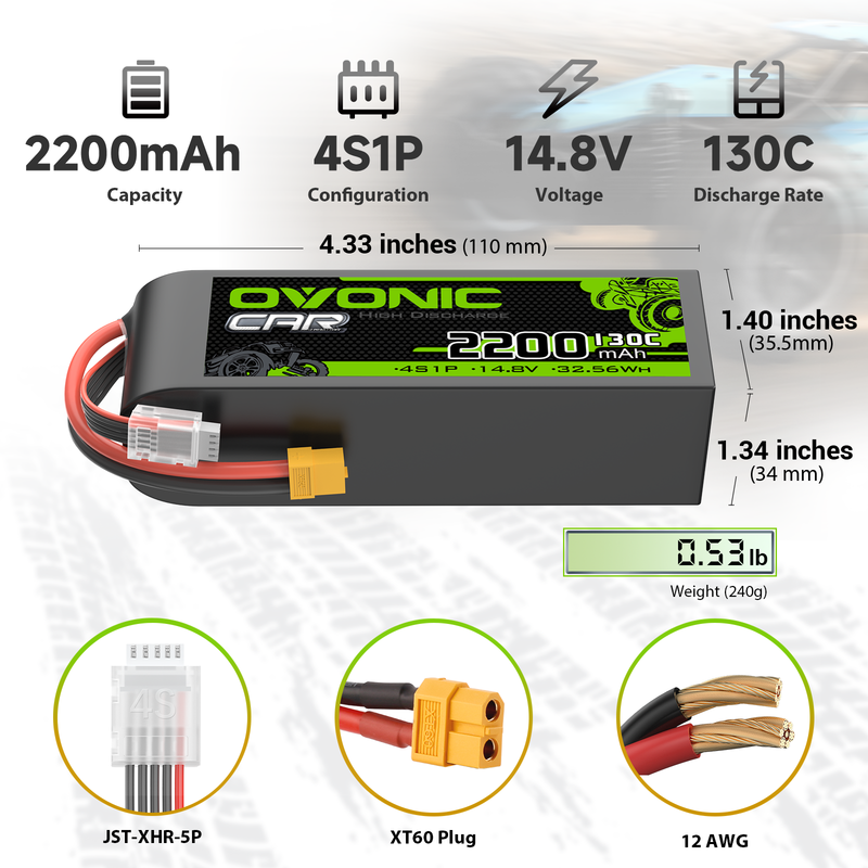 OVONIC 4S 2200mAh 14.8V 130C LiPo battery size and specs chart with XT60, JST-XHR-5P and 12AWG