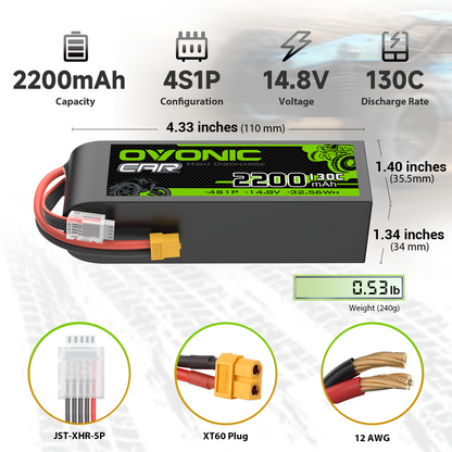 OVONIC 4S 2200mAh 14.8V 130C LiPo battery size and specs chart with XT60, JST-XHR-5P and 12AWG