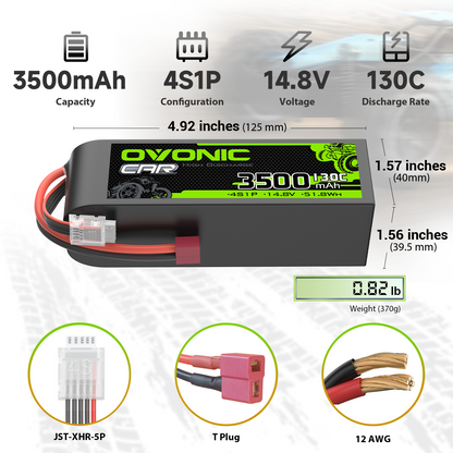 OVONIC 4S 3500mAh 14.8V 130C LiPo battery specs graphic: 125mm length, 40mm height, 370g, T plug