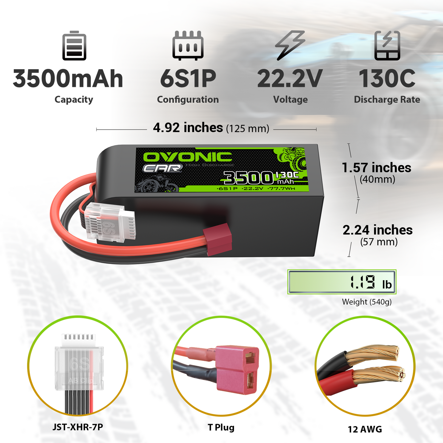 3500mAh 6S1P 22.2V 130C LiPo battery specs with dimensions, weight, T plug and JST-XHR-7P