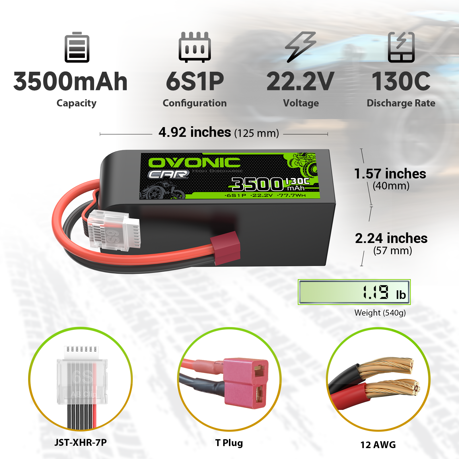 3500mAh 6S1P 22.2V 130C LiPo battery specs with dimensions, weight, T plug and JST-XHR-7P