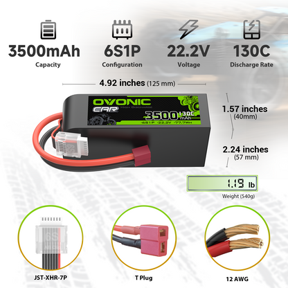 3500mAh 6S1P 22.2V 130C LiPo battery specs with dimensions, weight, T plug and JST-XHR-7P