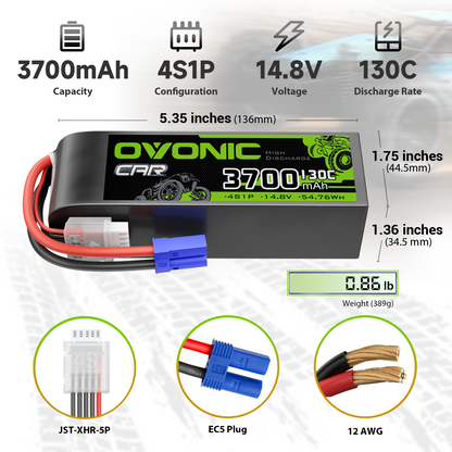Ovonic 3700mAh 4S1P 14.8V 130C LiPo battery dimensions, weight, EC5 plug, JST-XHR-5P, 12AWG