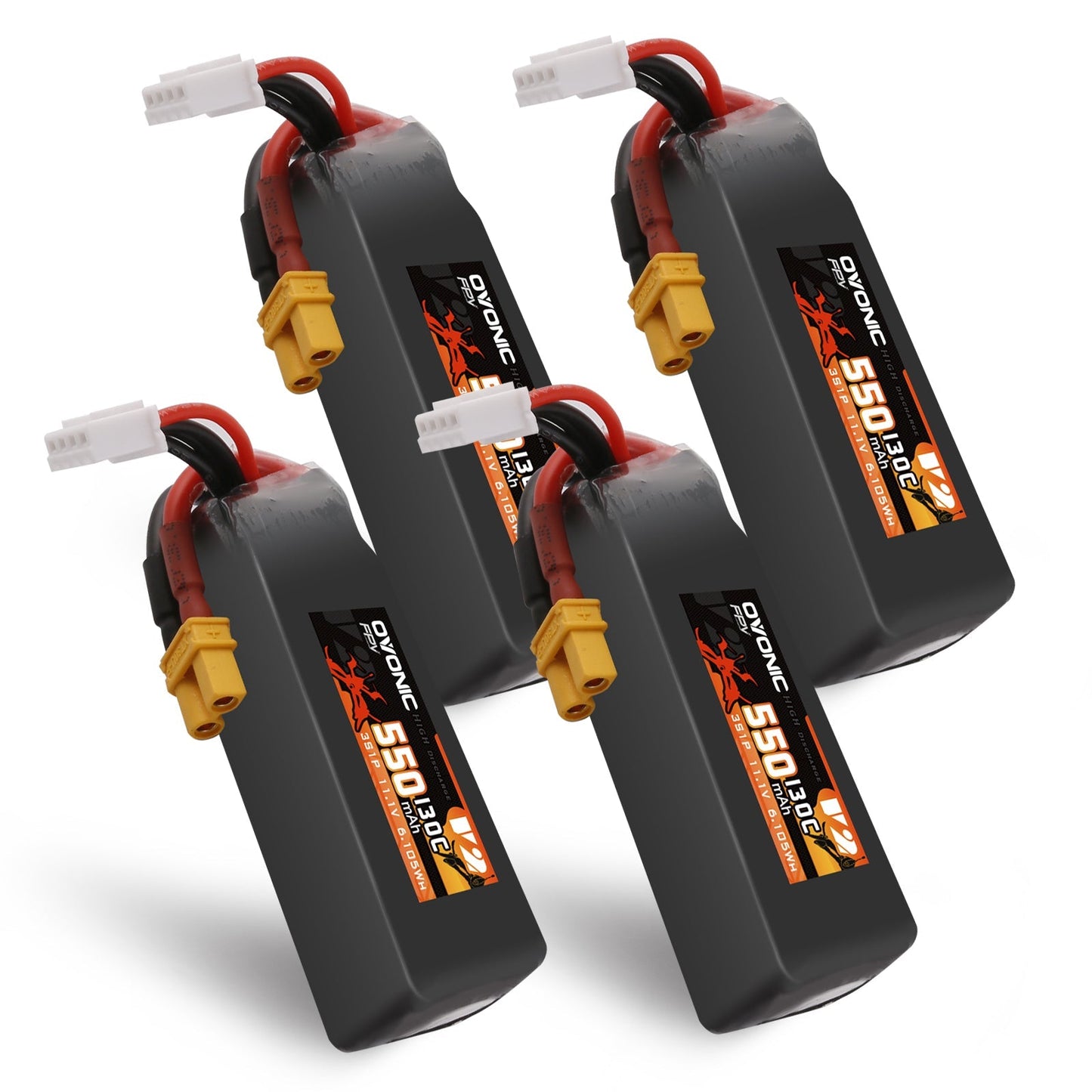 Four Ovonic 130C 550mAh 3S 11.1V LiPo batteries with XT30 plug and balance lead