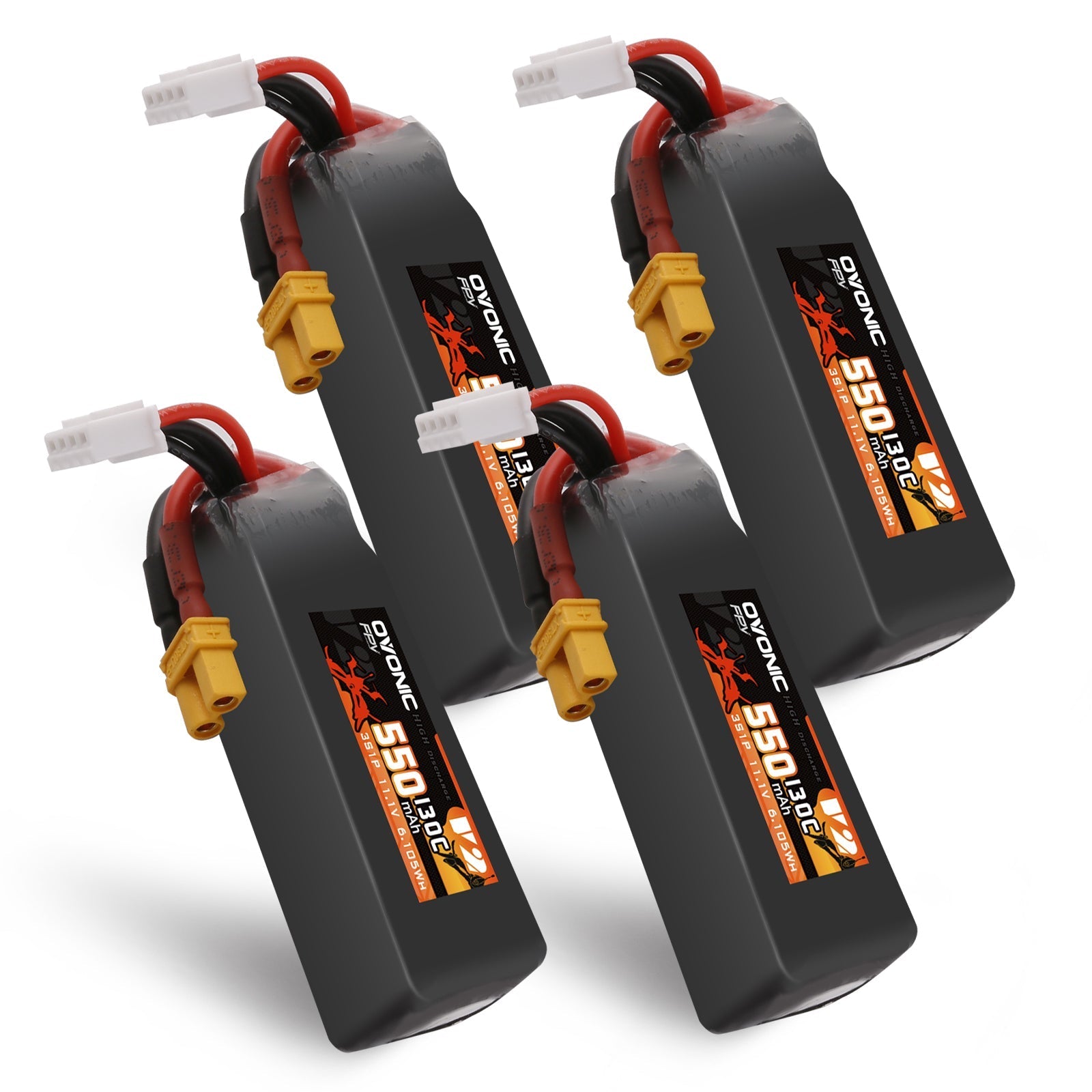 Four Ovonic 130C 550mAh 3S 11.1V LiPo batteries with XT30 plug and balance lead