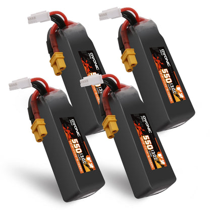 Four Ovonic 130C 550mAh 3S 11.1V LiPo batteries with XT30 plug and balance lead