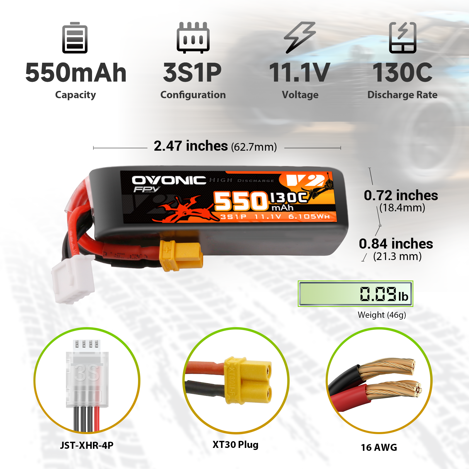 Ovonic 550mAh 3S 11.1V 130C LiPo battery dimensions, weight, XT30 plug and JST-XHR-4P lead