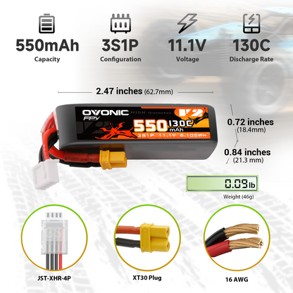 Ovonic 550mAh 3S 11.1V 130C LiPo battery dimensions, weight, XT30 plug and JST-XHR-4P lead