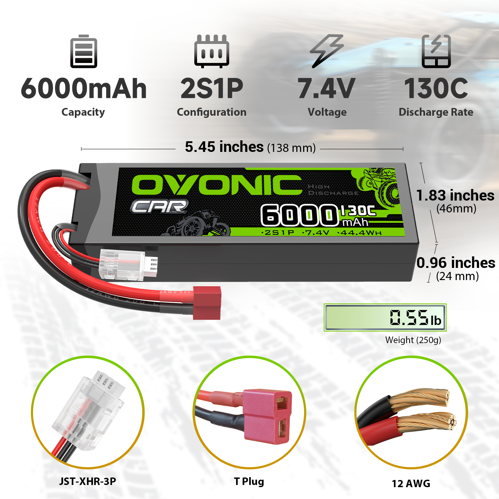 OVONIC 2S 6000mAh 7.4V 130C hardcase LiPo battery specs with dimensions, weight, T plug, JST-XHR-3P, 12AWG