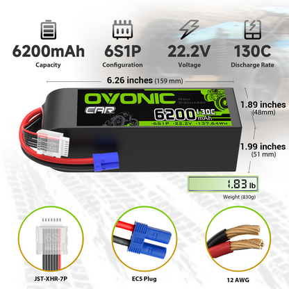 OVONIC 6200mAh 6S1P 22.2V 130C LiPo battery size and weight chart with EC5 and JST-XHR-7P