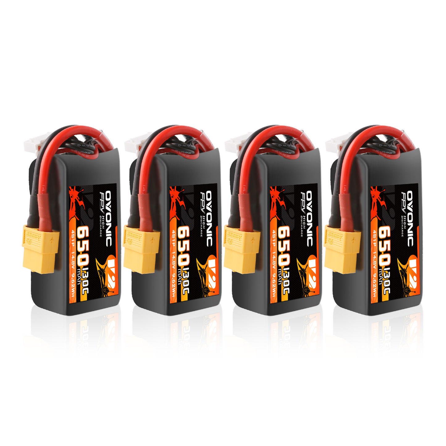 Ovonic 4-Pack 650mAh 4S 14.8V 130C LiPo Battery set with XT60 connectors, four packs shown