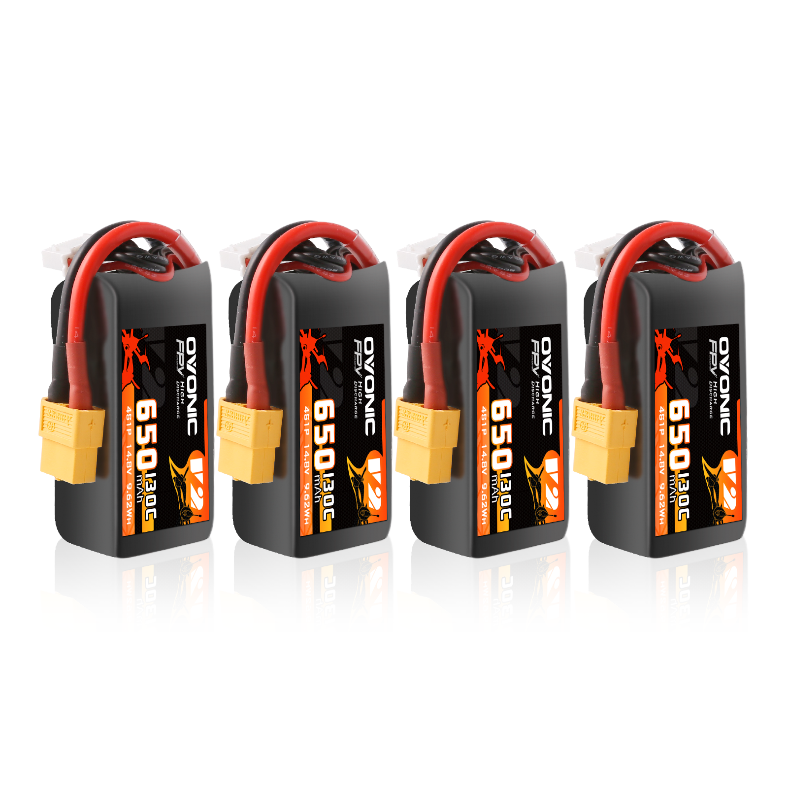 Ovonic 4-Pack 650mAh 4S 14.8V 130C LiPo Battery set with XT60 connectors, four packs shown