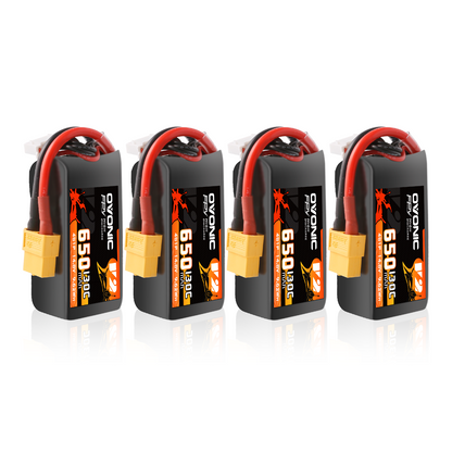Ovonic 4-Pack 650mAh 4S 14.8V 130C LiPo Battery set with XT60 connectors, four packs shown