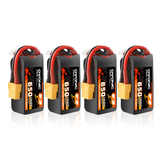 Ovonic 4-Pack 650mAh 4S 14.8V 130C LiPo Battery set with XT60 connectors, four packs shown