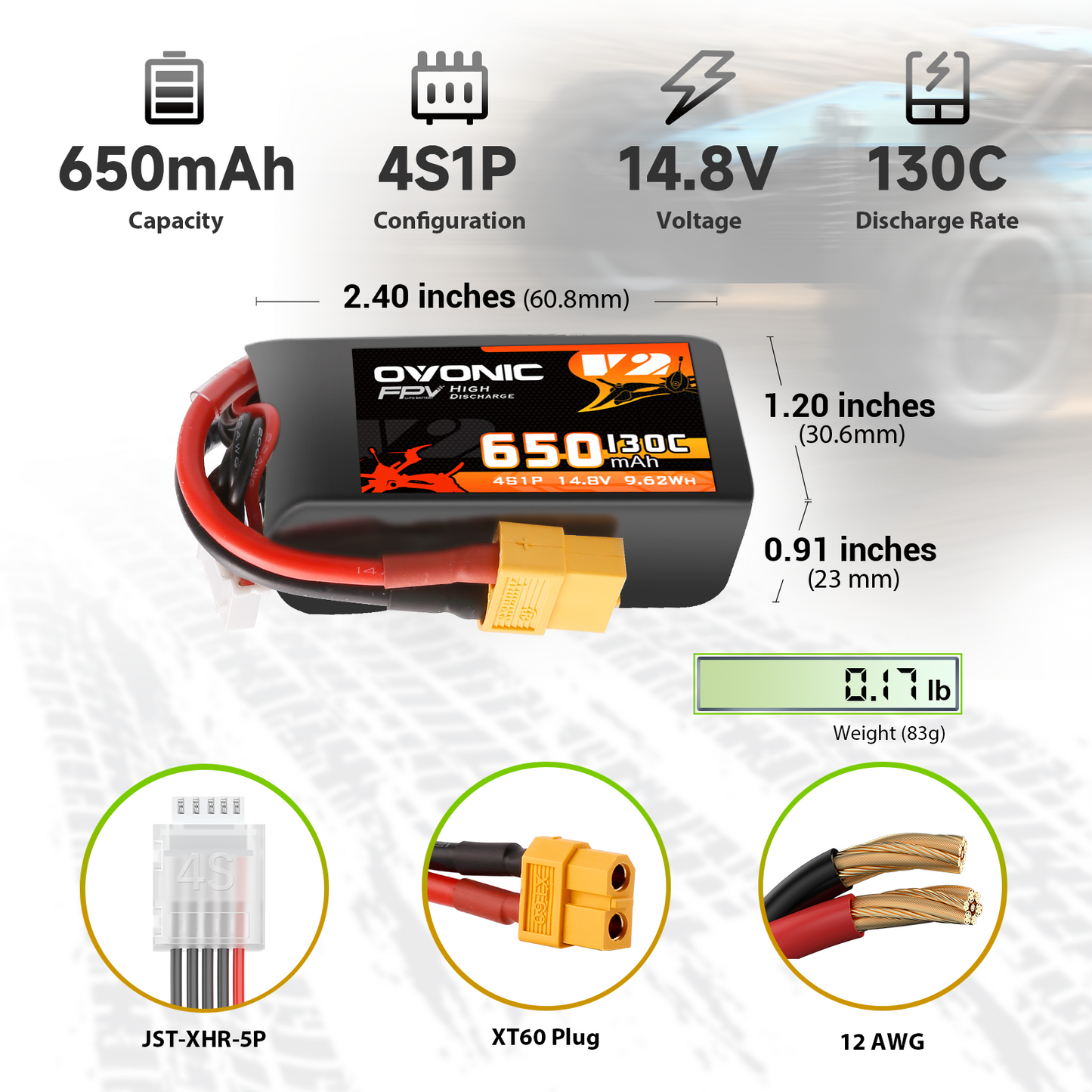 Ovonic 650mAh 4S1P 14.8V 130C LiPo battery specs: size 2.40×1.20×0.91 in, 83g, XT60, 12AWG