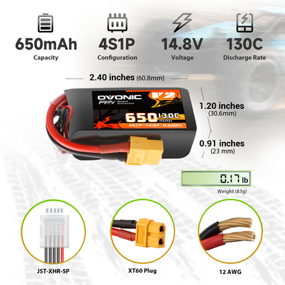 Ovonic 650mAh 4S1P 14.8V 130C LiPo battery specs: size 2.40×1.20×0.91 in, 83g, XT60, 12AWG