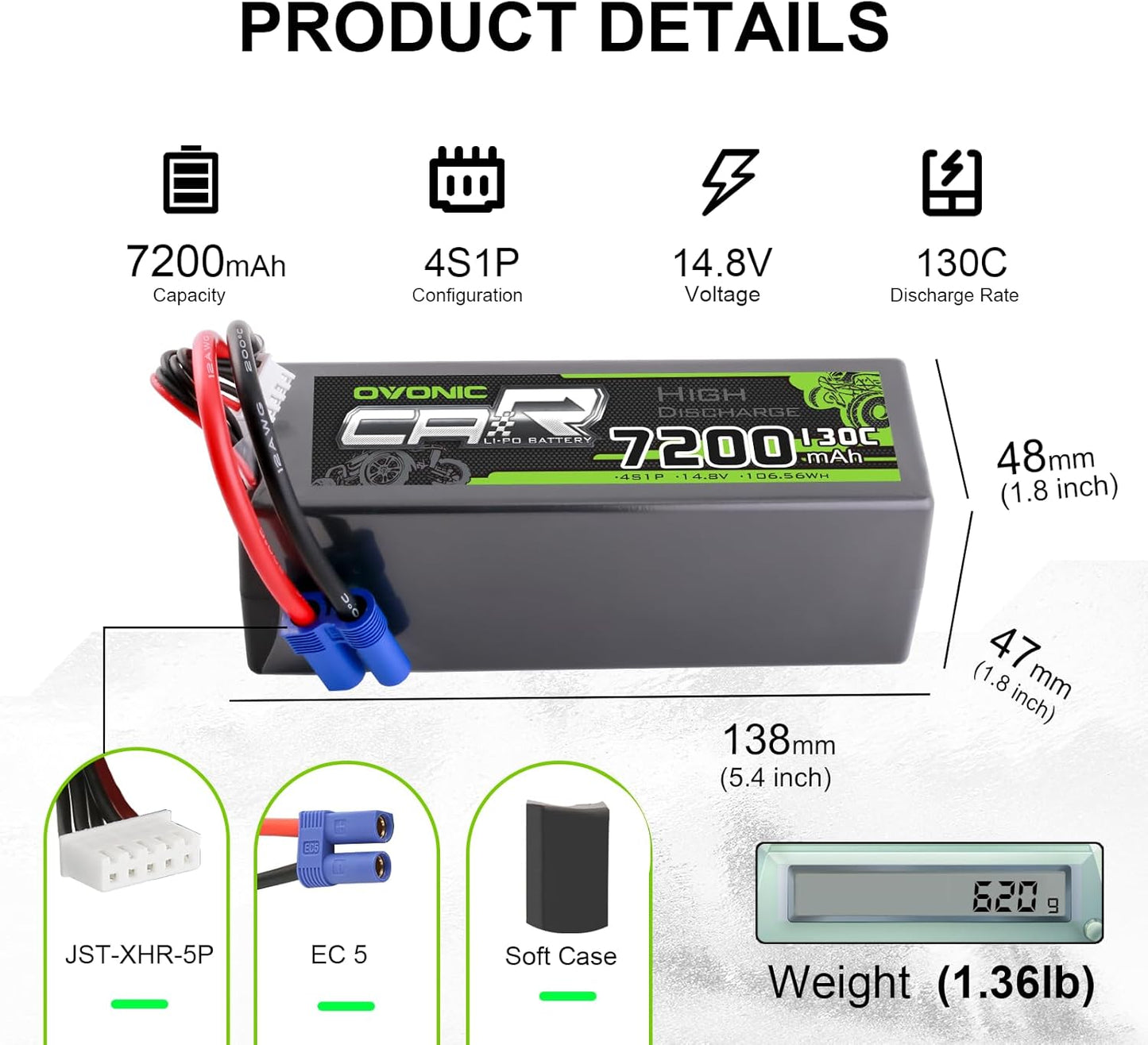 OVONIC 4S1P 7200mAh 14.8V LiPo battery dimensions and connectors (EC5, JST-XHR-5P)