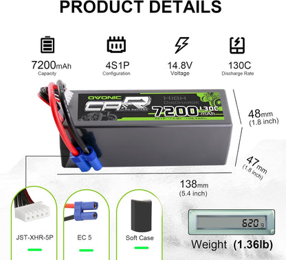 OVONIC 4S1P 7200mAh 14.8V LiPo battery dimensions and connectors (EC5, JST-XHR-5P)