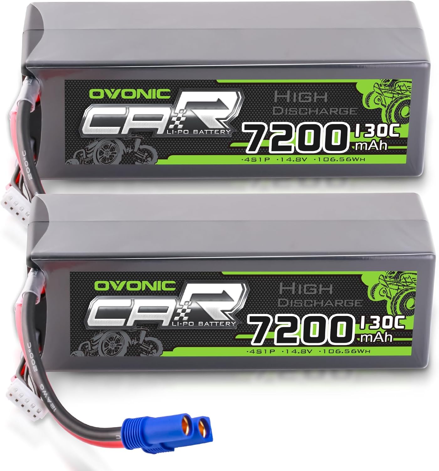 2× OVONIC 4S 14.8V 7200mAh 130C LiPo batteries with EC5 connector and balance lead