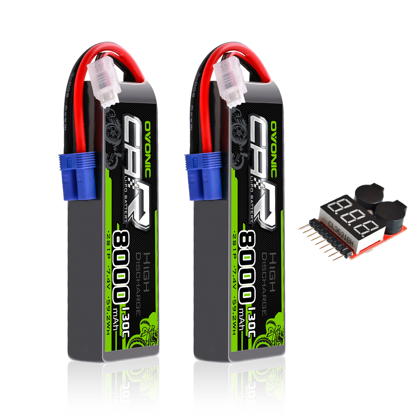 2x OVONIC 2S 8000mAh 7.4V 130C LiPo Battery pack with EC5 plugs and balance leads