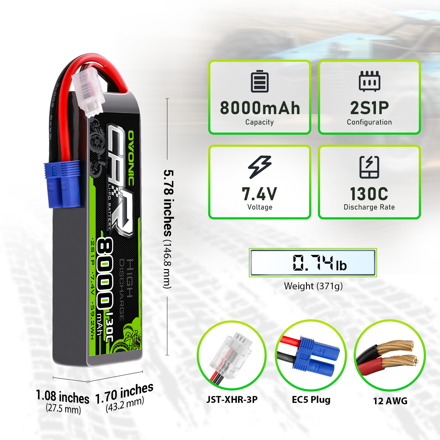 OVONIC 2S 8000mAh 7.4V 130C LiPo battery specs: size, weight, JST-XHR-3P balance and EC5 plug