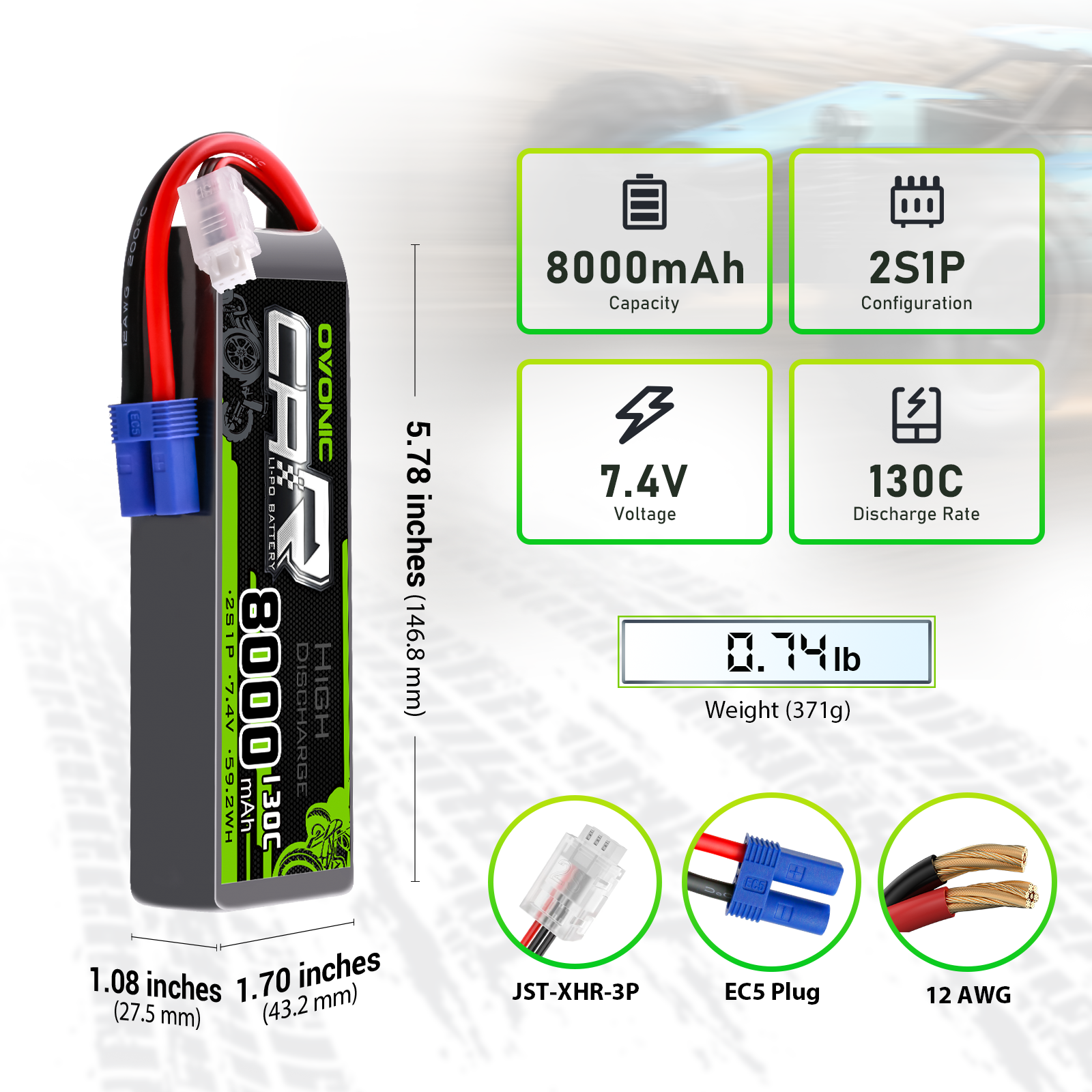 OVONIC 2S 8000mAh 7.4V 130C LiPo battery specs: size, weight, JST-XHR-3P balance and EC5 plug