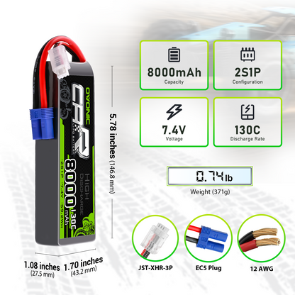 OVONIC 2S 8000mAh 7.4V 130C LiPo battery specs: size, weight, JST-XHR-3P balance and EC5 plug