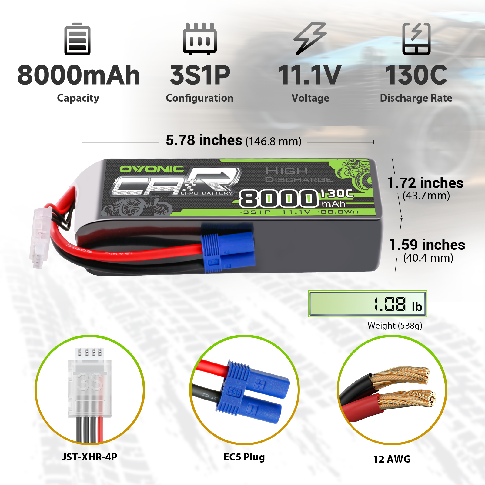 OVONIC 3S 8000mAh 11.1V 130C LiPo battery dimensions, weight, and connectors (EC5, JST-XHR balance)