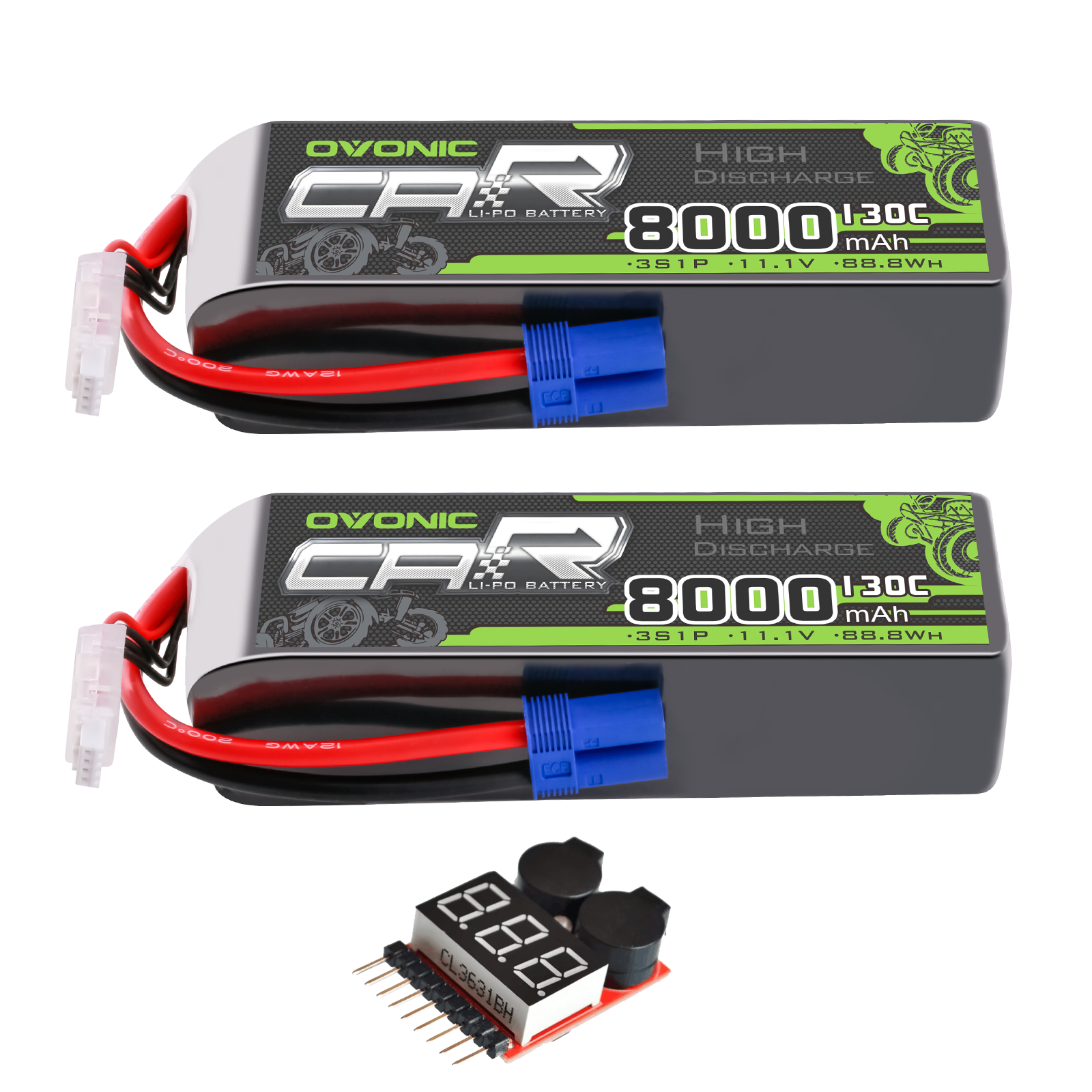 OVONIC 2-Pack 3S 8000mAh 11.1V 130C LiPo Battery set with EC5 connector and voltage checker