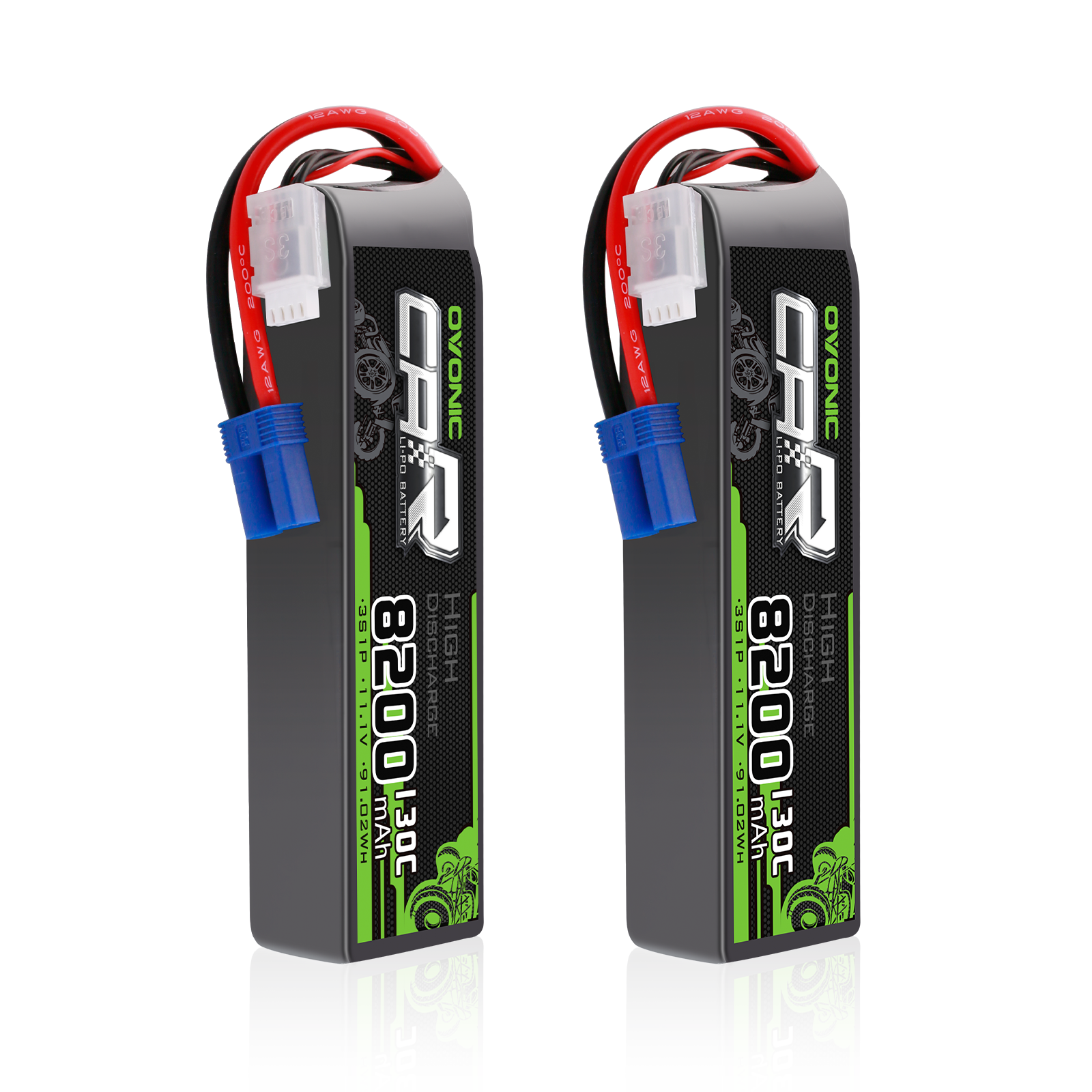 Ovonic 3S 8200mAh 11.1V 130C softcase RC LiPo battery 2-pack with EC5 plug and balance lead