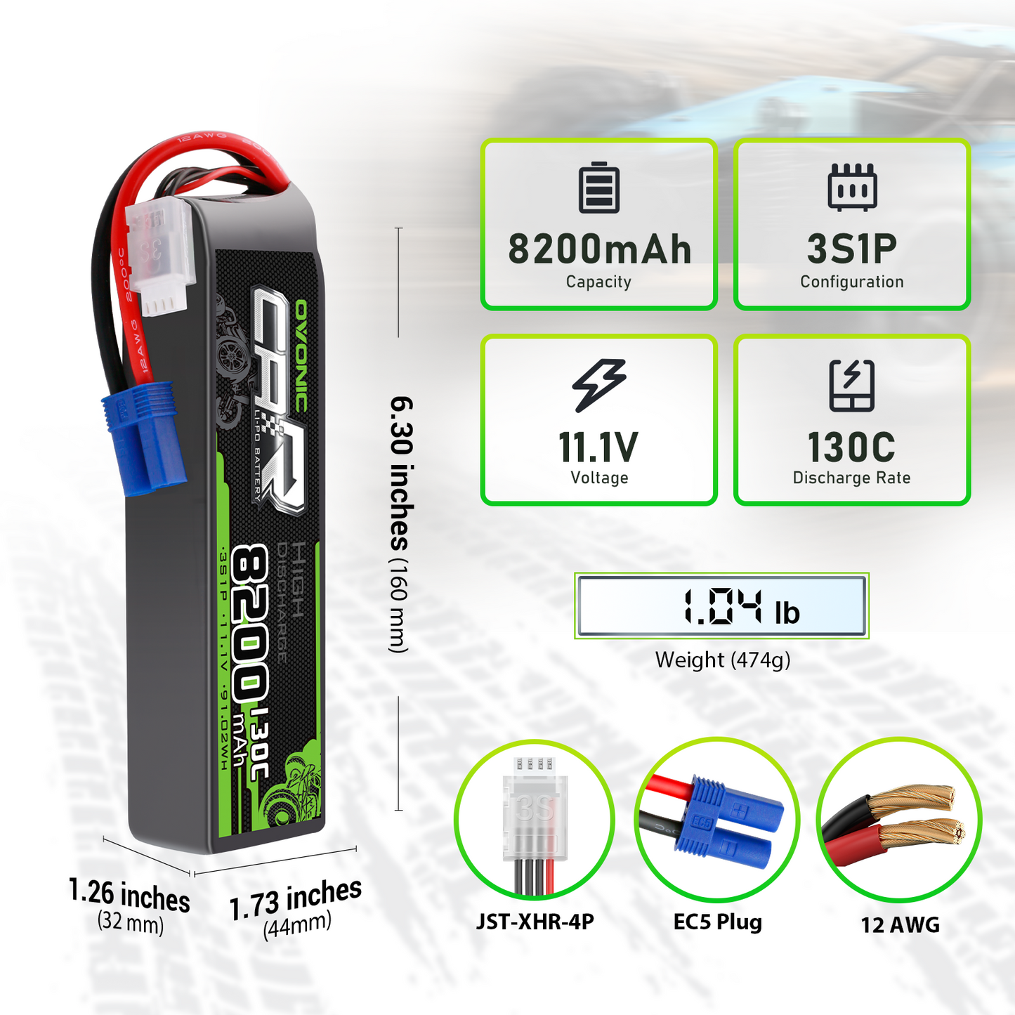 Ovonic 8200mAh 3S 11.1V 130C LiPo battery size and plug details, EC5 connector and JST-XHR-4P lead