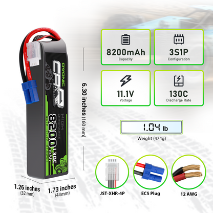 Ovonic 8200mAh 3S 11.1V 130C LiPo battery size and plug details, EC5 connector and JST-XHR-4P lead