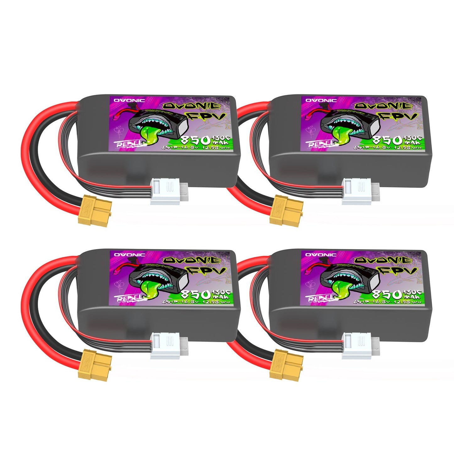 4-pack Ovonic Rebel 2.0 850mAh 4S 14.8V 130C LiPo batteries with XT60 and balance leads