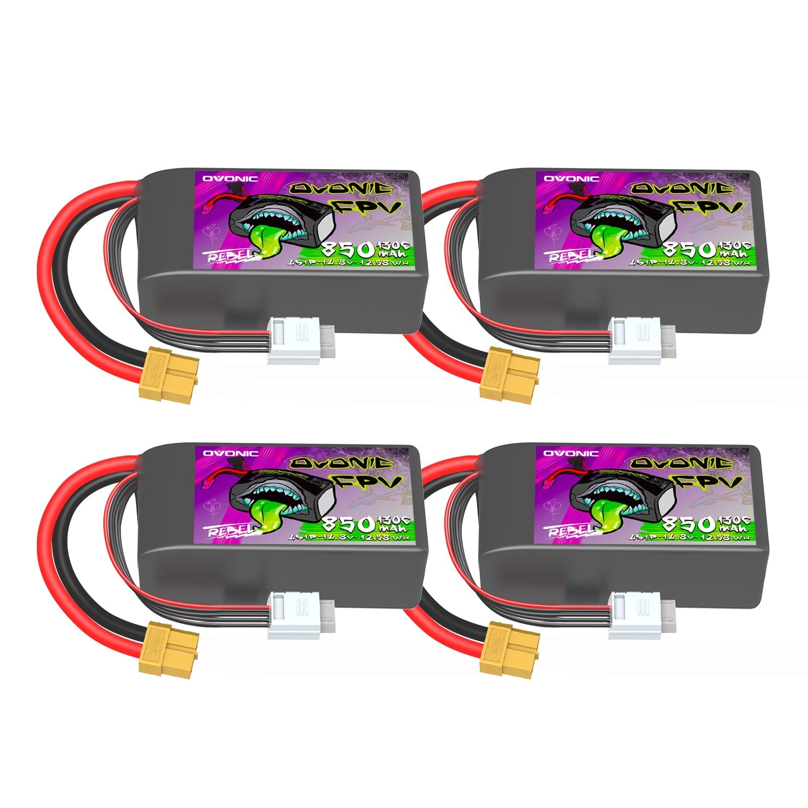 4-pack Ovonic Rebel 2.0 850mAh 4S 14.8V 130C LiPo batteries with XT60 and balance leads