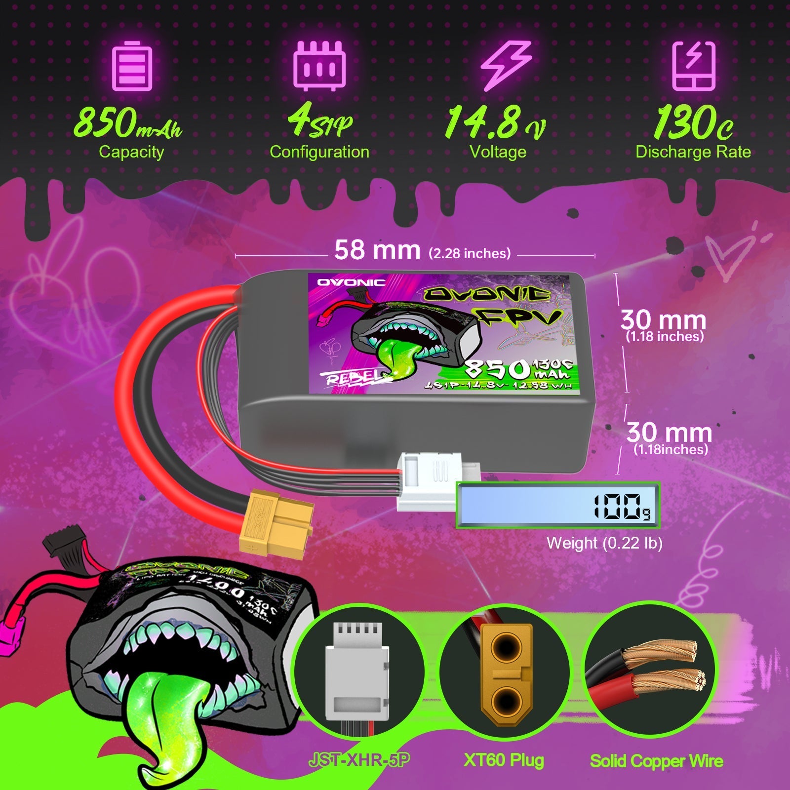 Ovonic Rebel 2.0 4S 850mAh LiPo size and specs graphic with XT60 plug and JST-XH balance connector