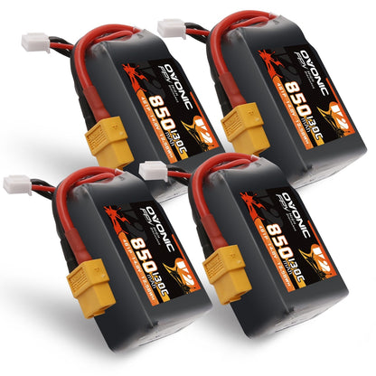 Ovonic 4-Pack 850mAh 4S 14.8V 130C LiPo battery set with XT60 plugs and JST-XH balance leads