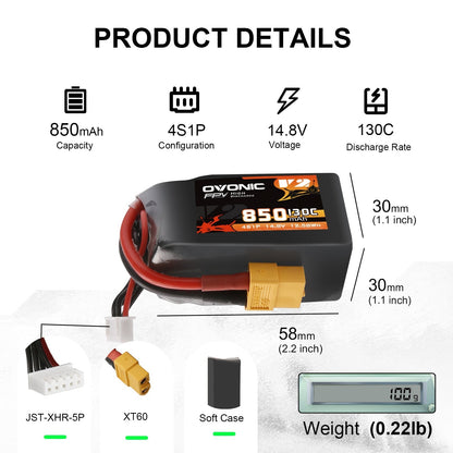 Ovonic 850mAh 4S 14.8V 130C LiPo battery product details infographic with size, weight, XT60 and JST-XH connectors