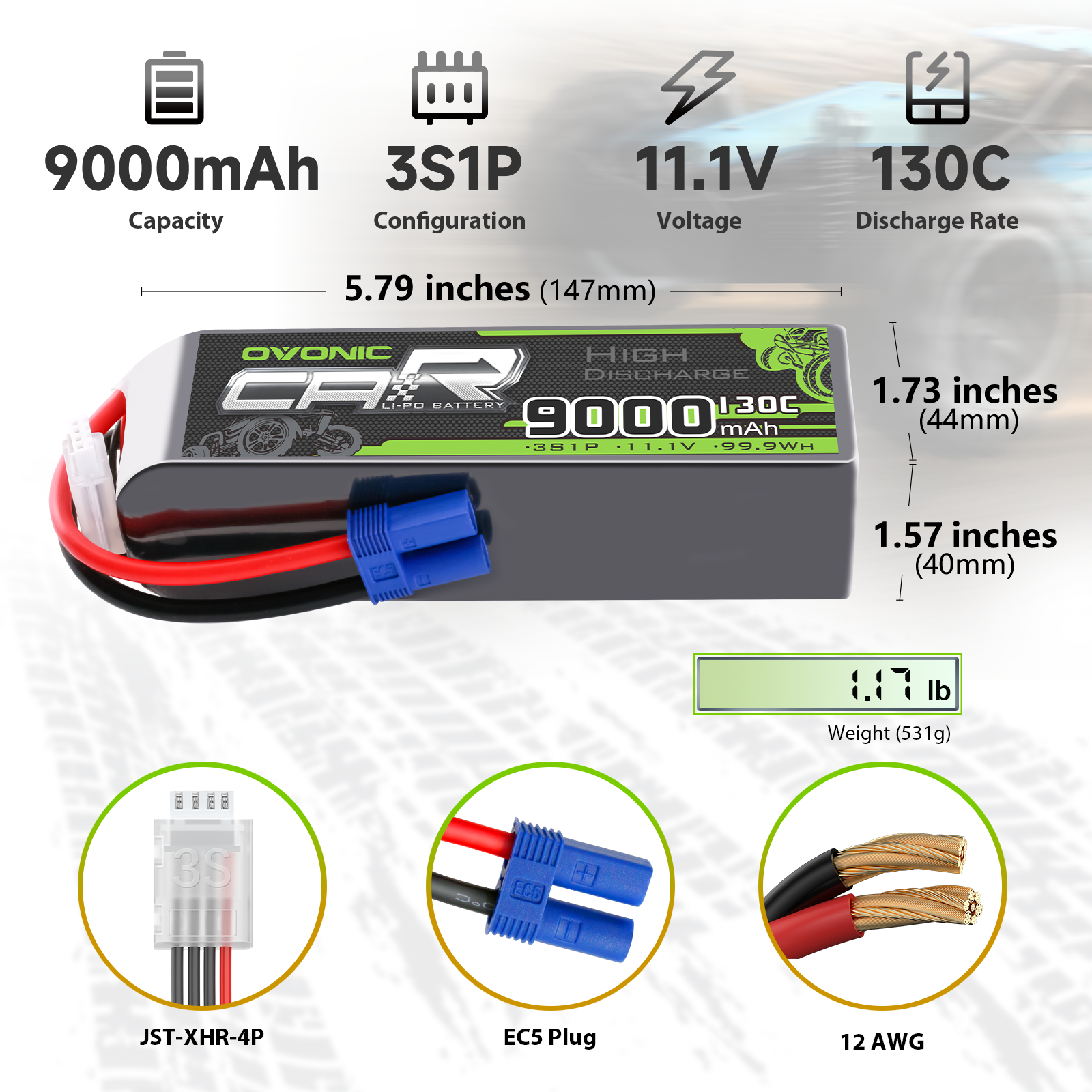 2 × OVONIC 3S 9000mAh 130C 11.1V RC Lipo Battery with EC5 Plug for 1/8 1/10 RC Car RC Vehicles
