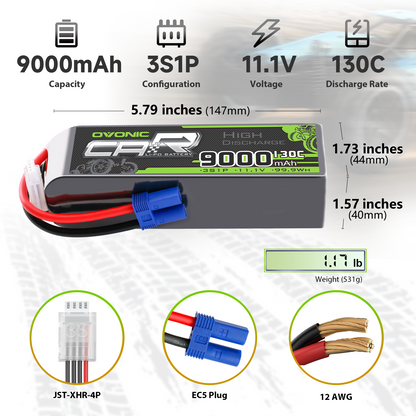 2 × OVONIC 3S 9000mAh 130C 11.1V RC Lipo Battery with EC5 Plug for 1/8 1/10 RC Car RC Vehicles