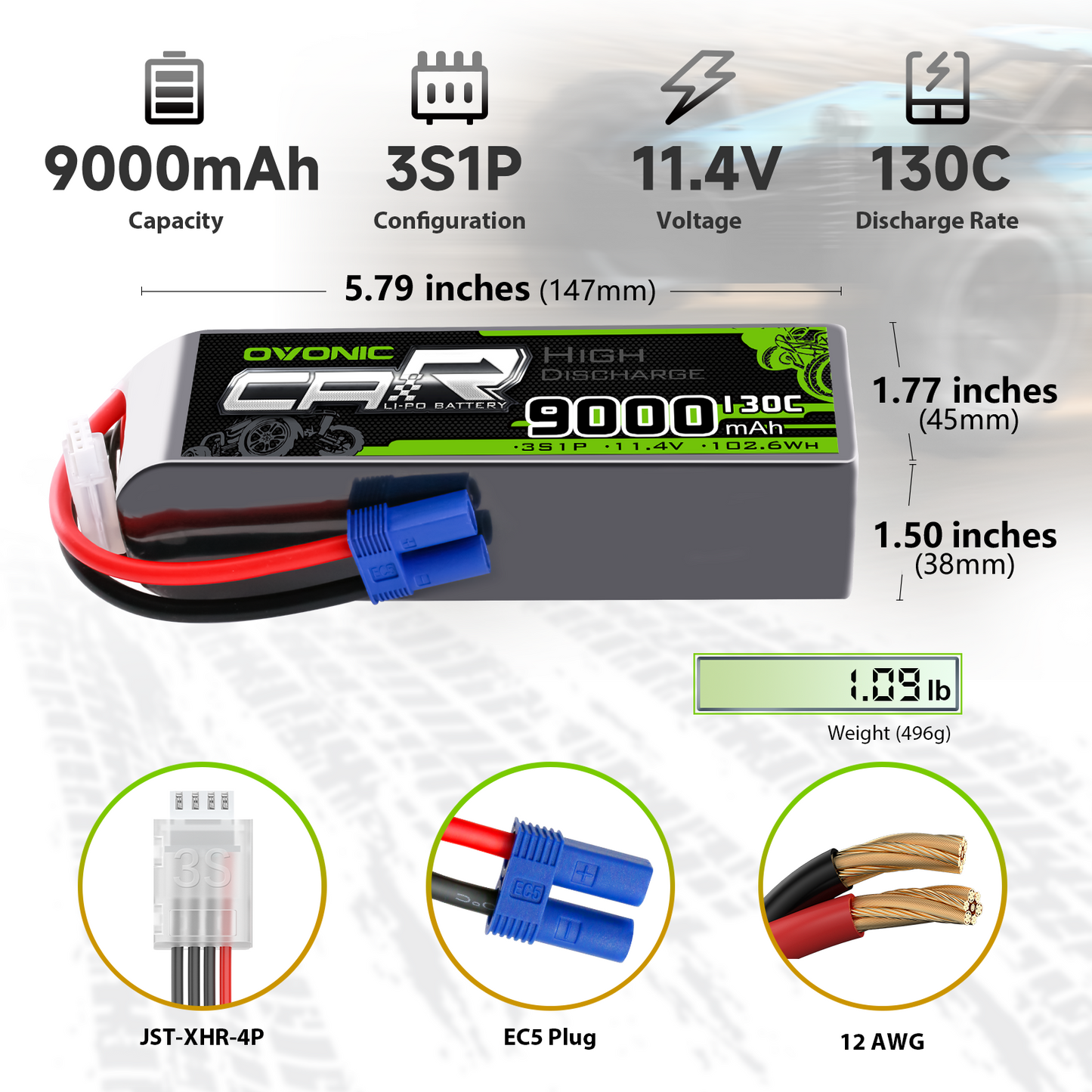 OVONIC 3S 9000mAh 11.4V LiHV LiPo battery specs: 5.79 in length, 496 g weight, EC5 plug, 12 AWG