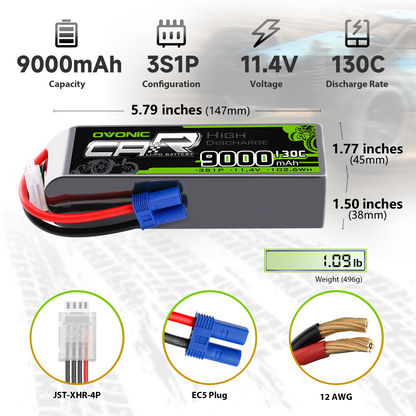 OVONIC 3S 9000mAh 11.4V LiHV LiPo battery specs: 5.79 in length, 496 g weight, EC5 plug, 12 AWG