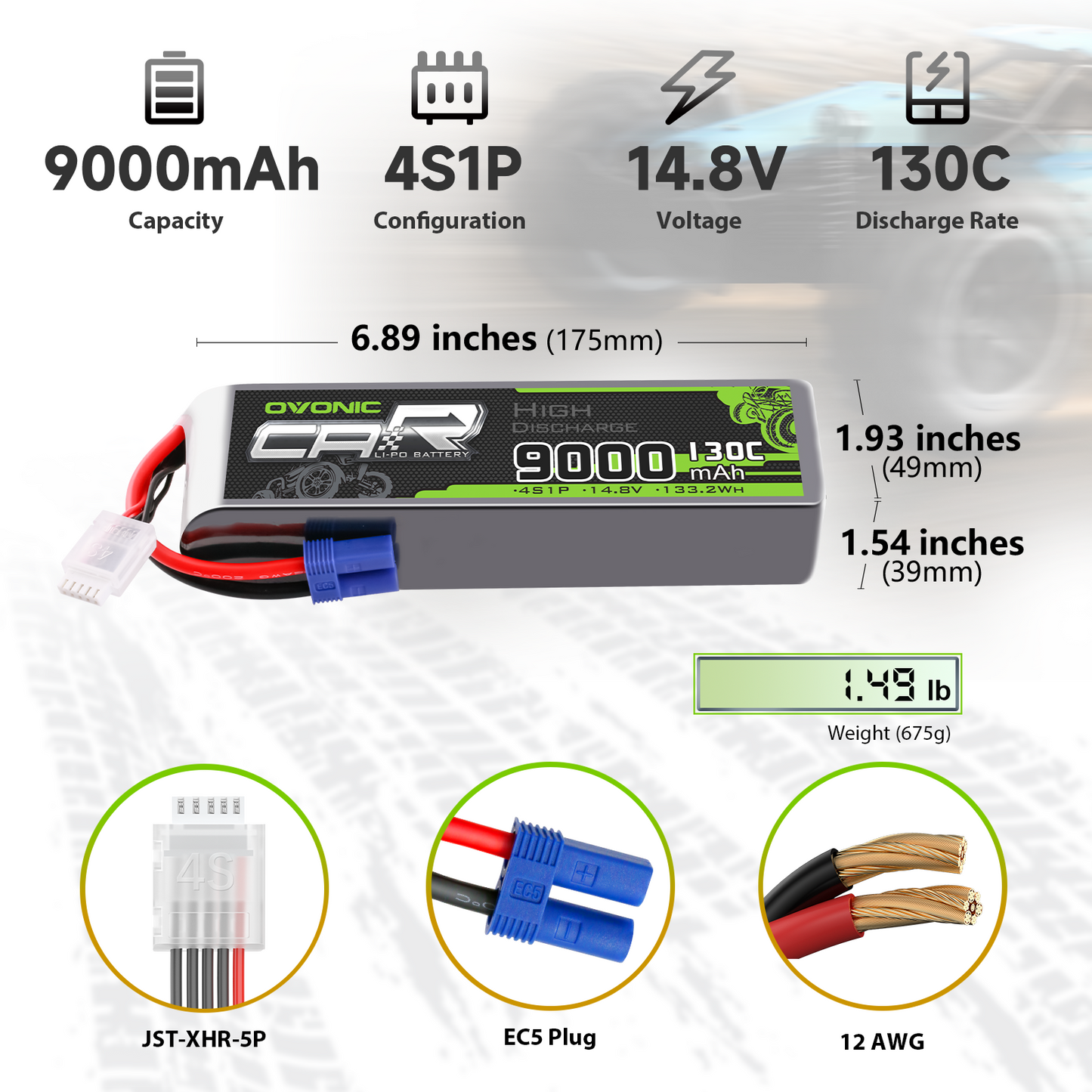 OVONIC 4S 9000mAh 14.8V LiPo battery specs and size diagram with EC5 plug, JST-XHR-5P and 12 AWG