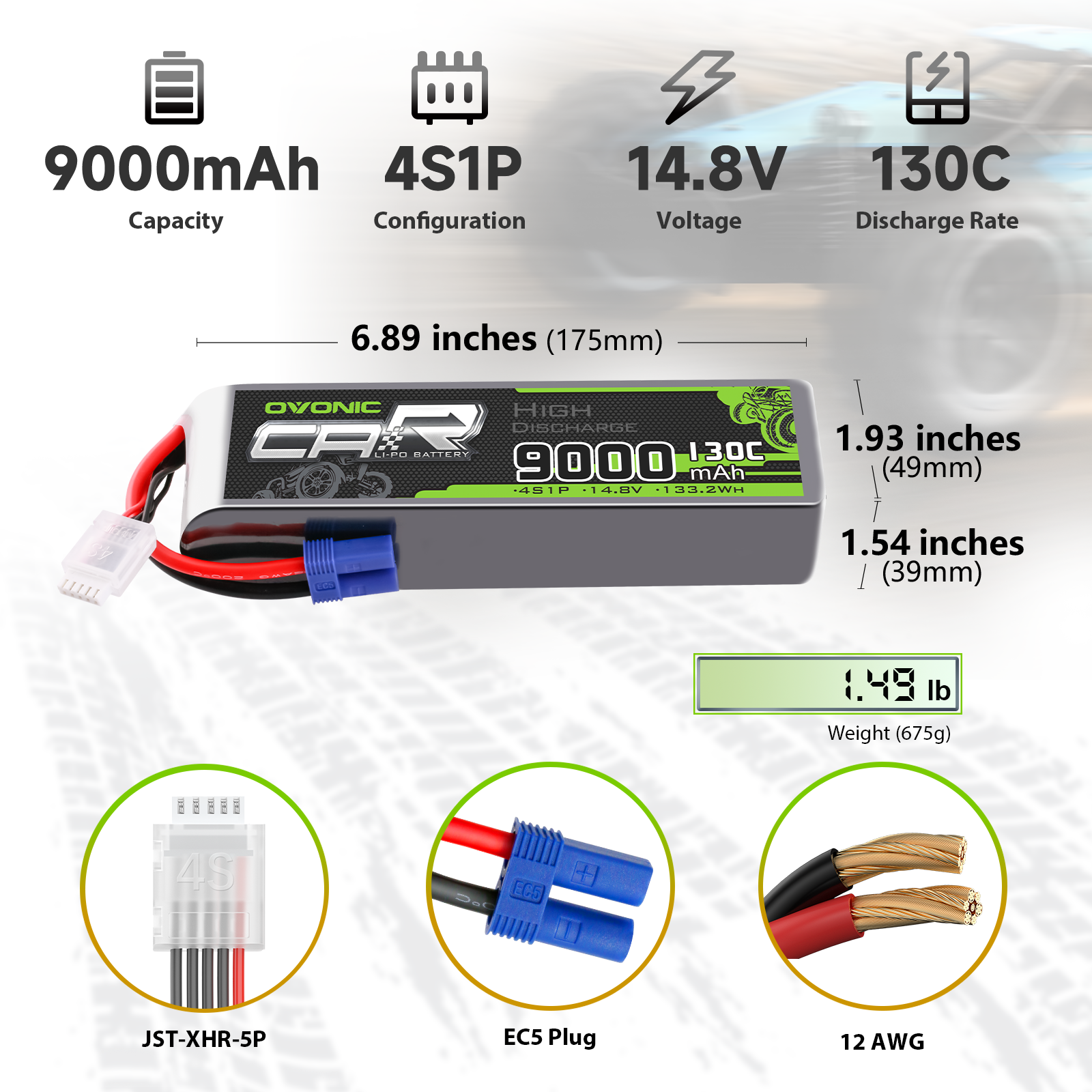 OVONIC 4S 9000mAh 14.8V LiPo battery specs and size diagram with EC5 plug, JST-XHR-5P and 12 AWG